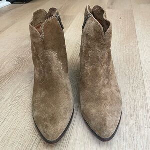 Frye Tan Suede Pointed-Toe Ankle Booties with Side Zip